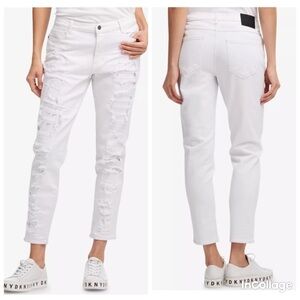 ✅ DKNY Woman’s Ripped White Boyfriend Ankle Jeans size 26 98% cotton 2% elastane